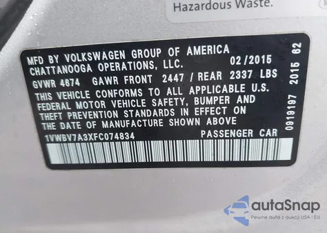 2015 Volkswagen Passat 2.0L Tdi Se z USA, uszkodzony, nr VIN 1VWBV7A3XFC074834